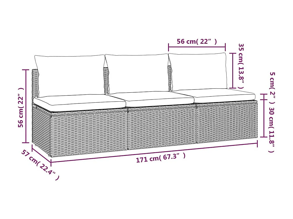 Tuinbank 3-zits met kussens poly rattan grijs