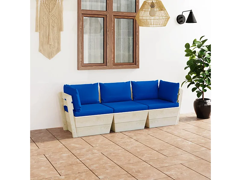 Canapé palette à 3 places de jardin avec coussins Bois d'épicéa