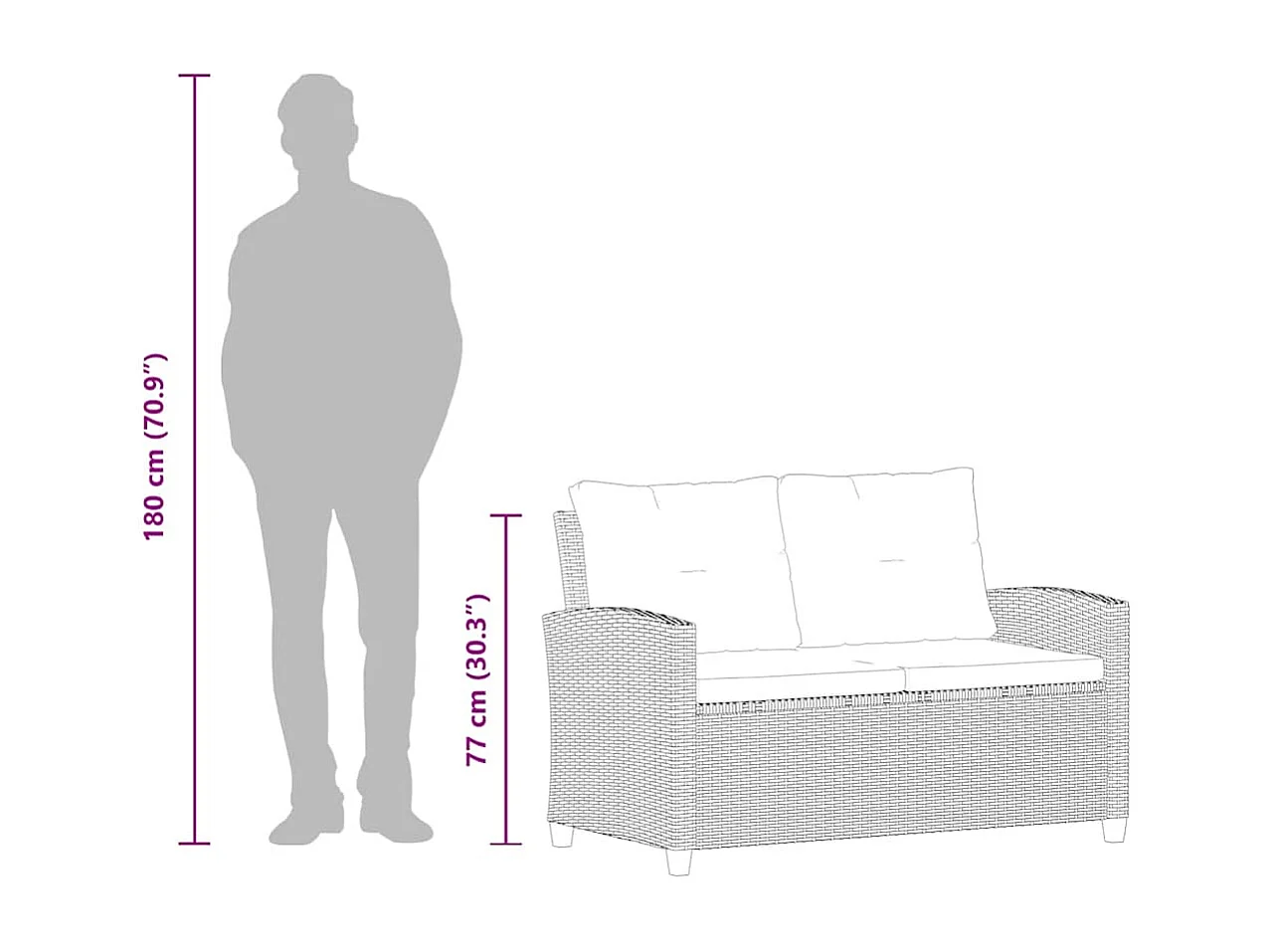 Canapé 2 places de jardin et coussins Noir 124cm Résine tressée