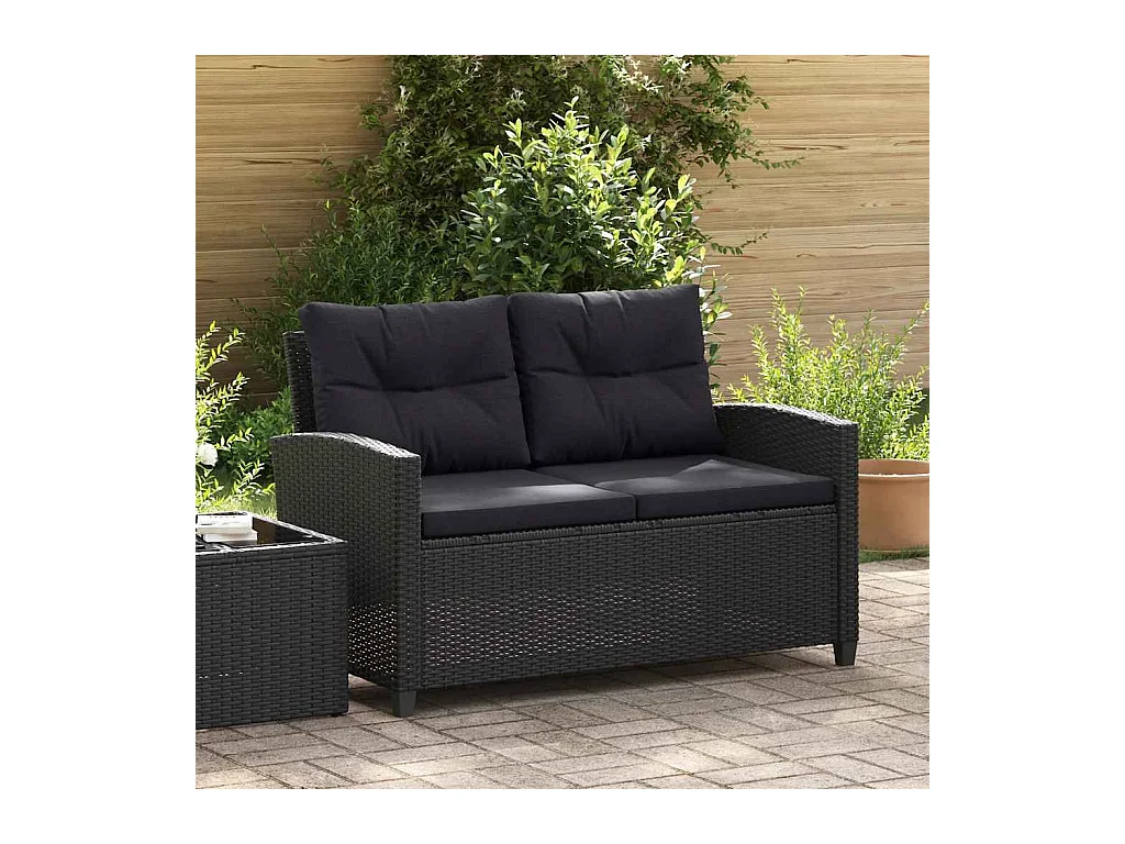 Canapé 2 places de jardin et coussins Noir 124cm Résine tressée