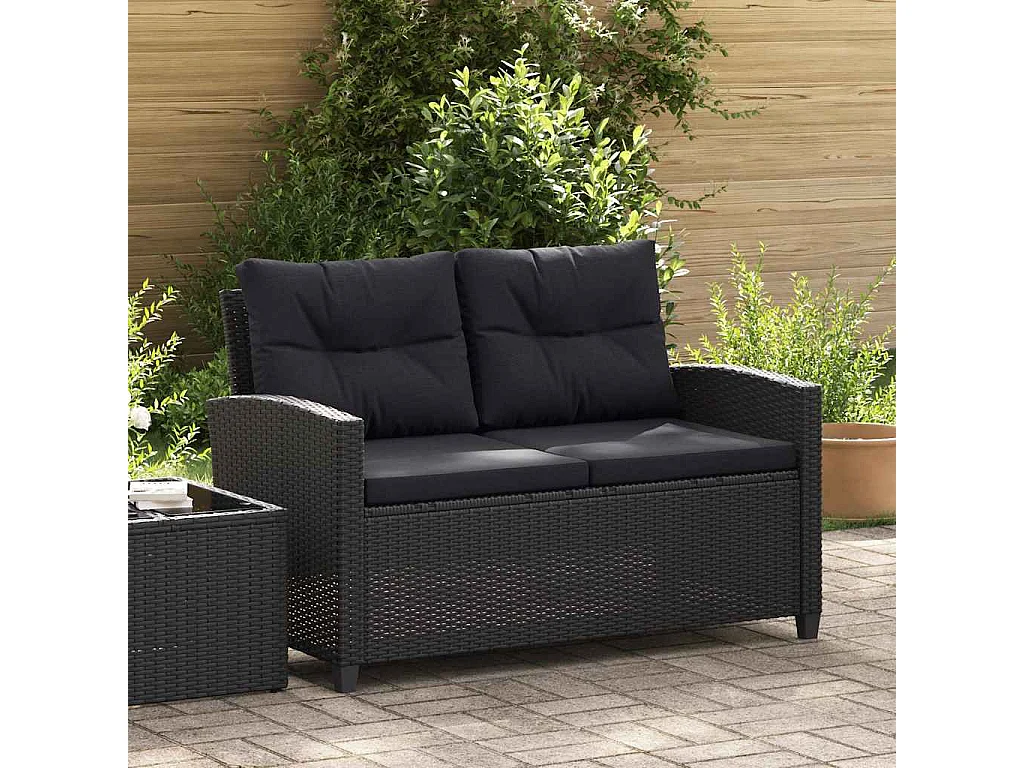 Canapé 2 places de jardin et coussins Noir 124cm Résine tressée