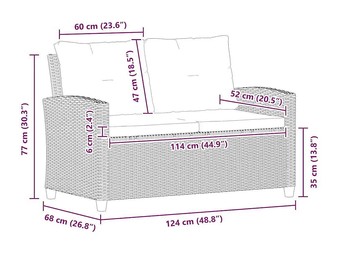 Canapé 2 places de jardin et coussins Noir 124cm Résine tressée