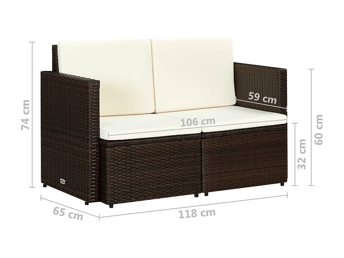 2-Sitzer-Gartensofa mit Auflagen Braun Poly Rattan