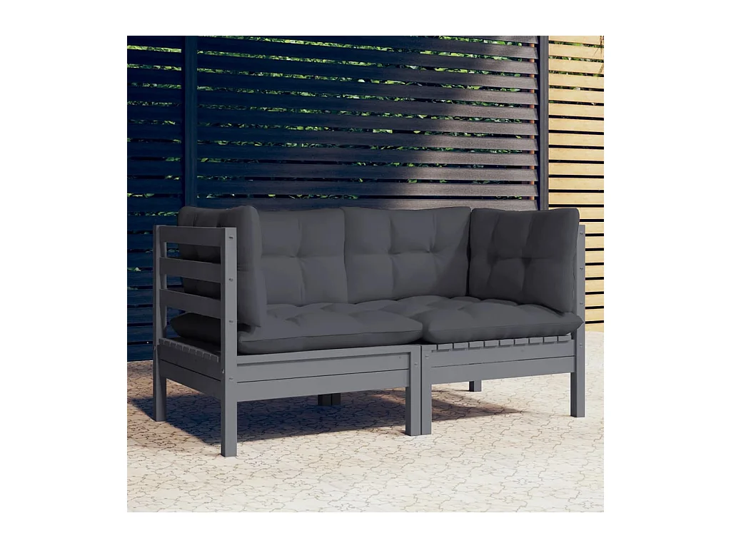 Canapé 2 places de jardin avec coussins anthracite Bois de pin
