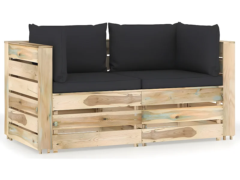 Canapé de jardin 2 places avec coussins Bois imprégné de vert