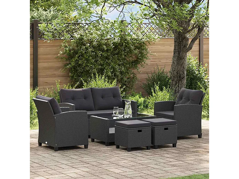 Set Divani da Giardino 6 pz con Cuscini in Polyrattan Nero
