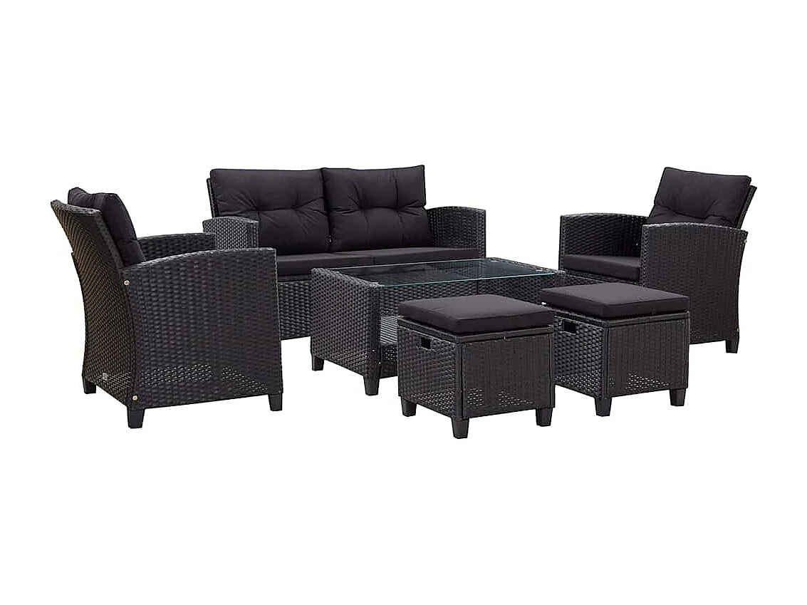 Canapés de jardin 6 pcs avec coussins Résine tressée Noir