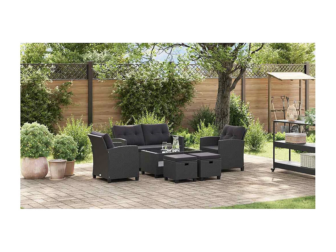 Canapés de jardin 6 pcs avec coussins Résine tressée Noir