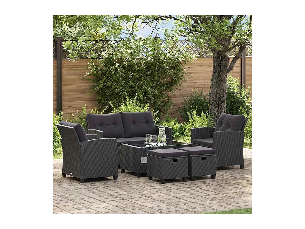 Canapés de jardin 6 pcs avec coussins Résine tressée Noir