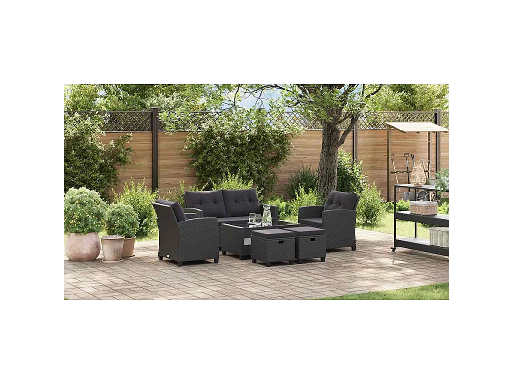 Set Divani da Giardino 6 pz con Cuscini in Polyrattan Nero