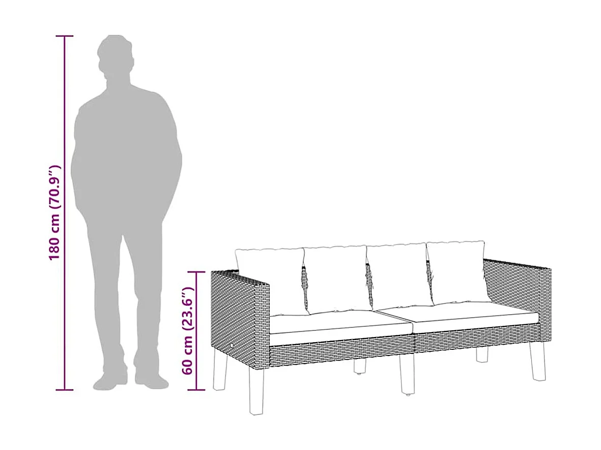 Tuinbank 2-zits met kussens poly rattan zwart