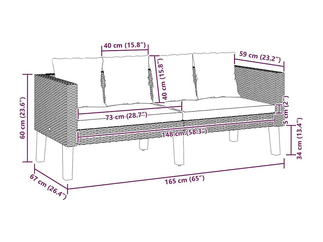 2-Sitzer-Gartensofa mit Auflagen Poly Rattan Schwarz