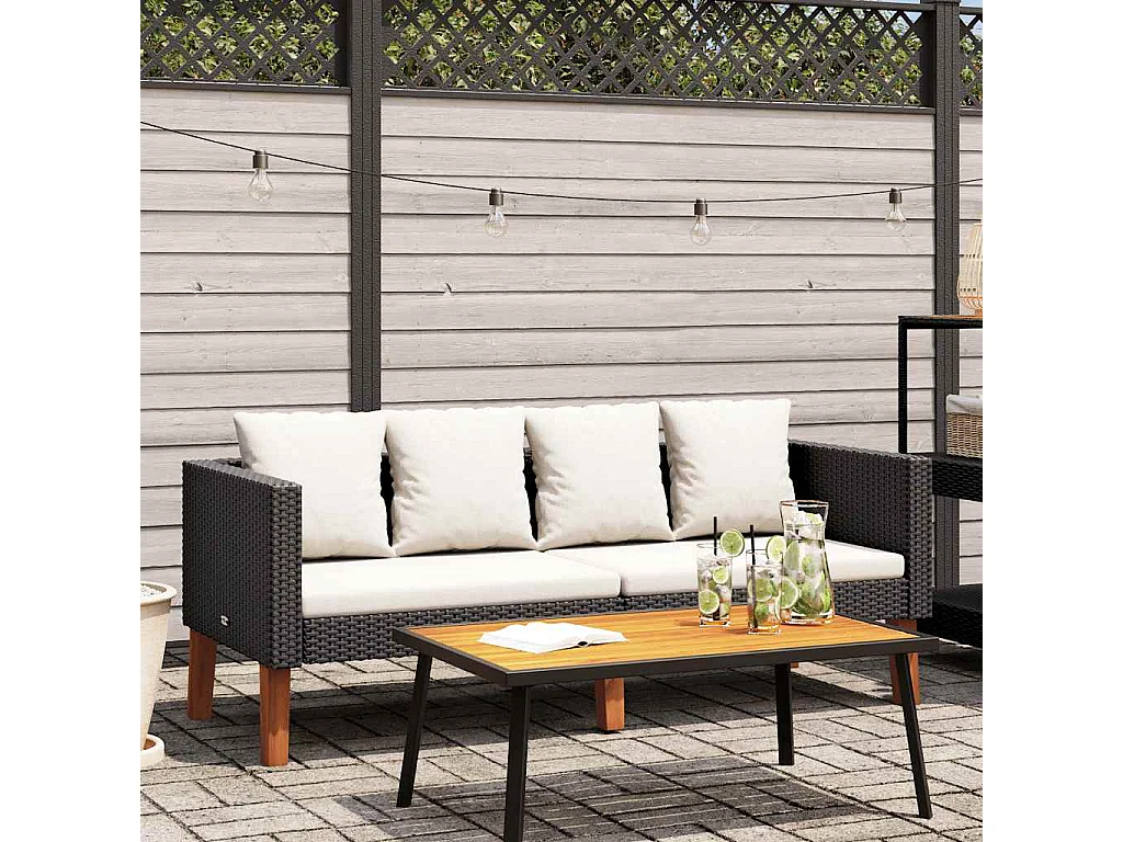 Canapé de jardin à 2 places avec coussins Résine tressée Noir
