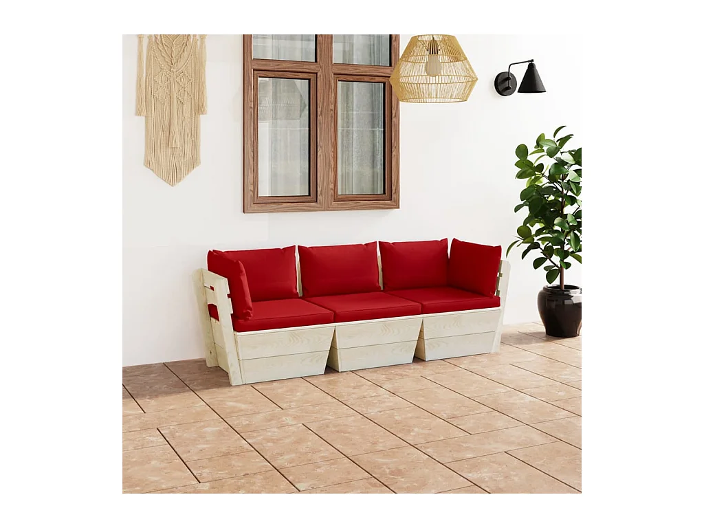 Canapé palette à 3 places de jardin avec coussins Bois d'épicéa