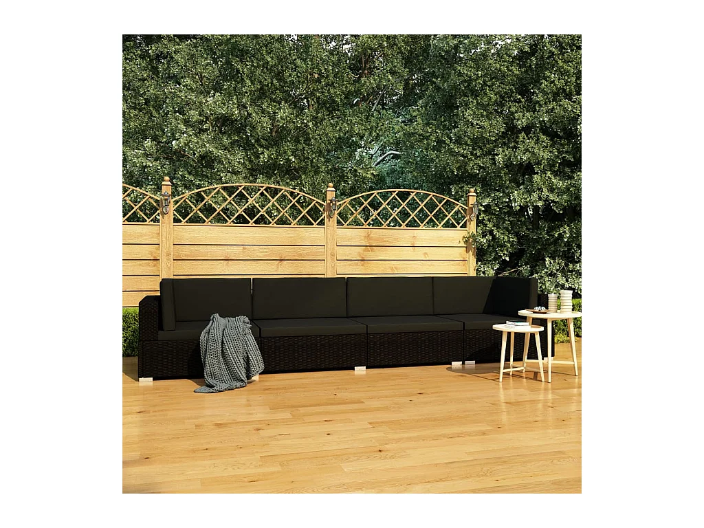 Salon de jardin 4 pcs avec coussins résine tressée noir