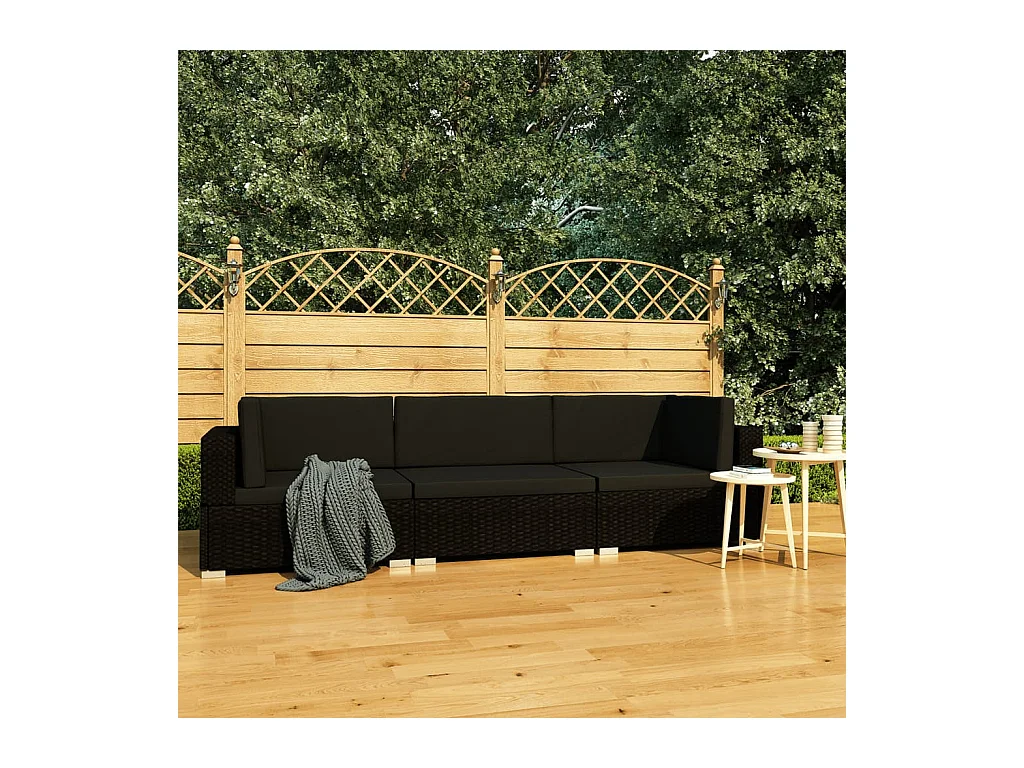 Salon de jardin 3 pcs avec coussins résine tressée noir