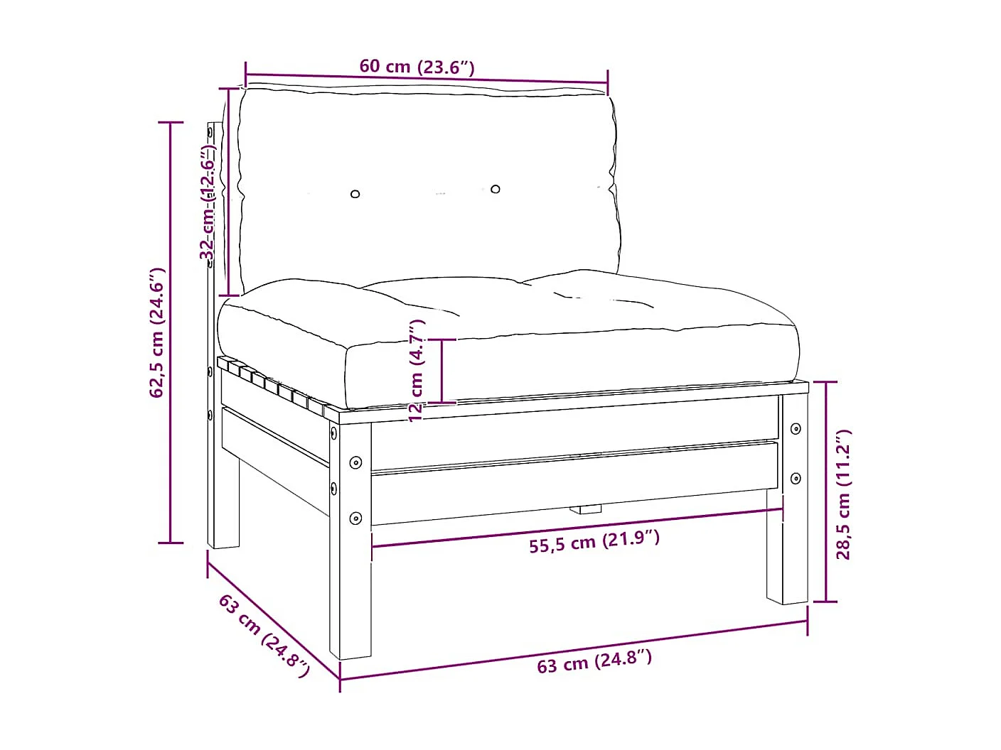 Sofá de jardim 2 lugares com almofadões pinho maciço preto