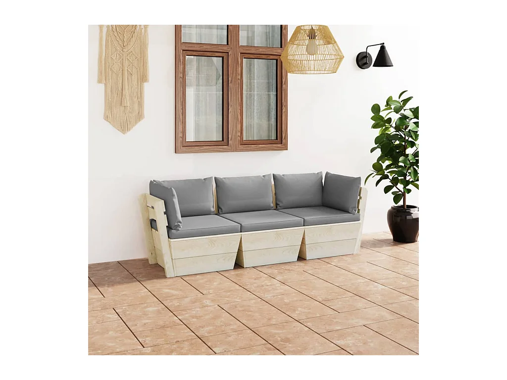 Canapé palette à 3 places de jardin avec coussins Bois d'épicéa