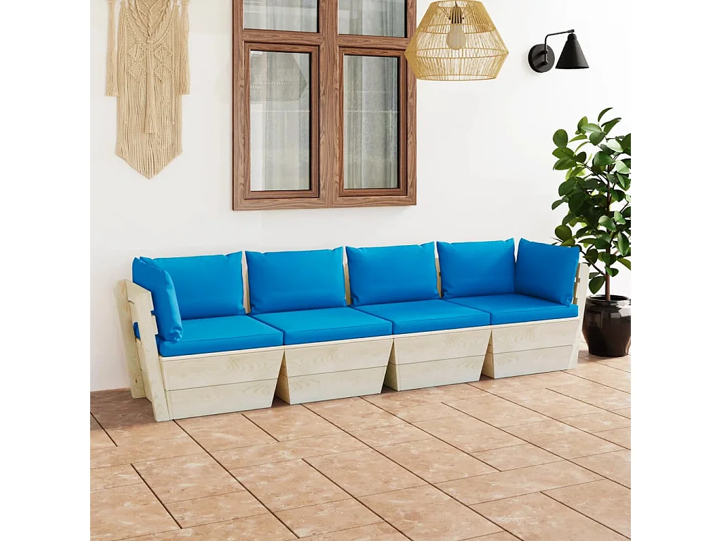 Sofá paletes 4 lugares p/ jardim c/ almofadões madeira de abeto