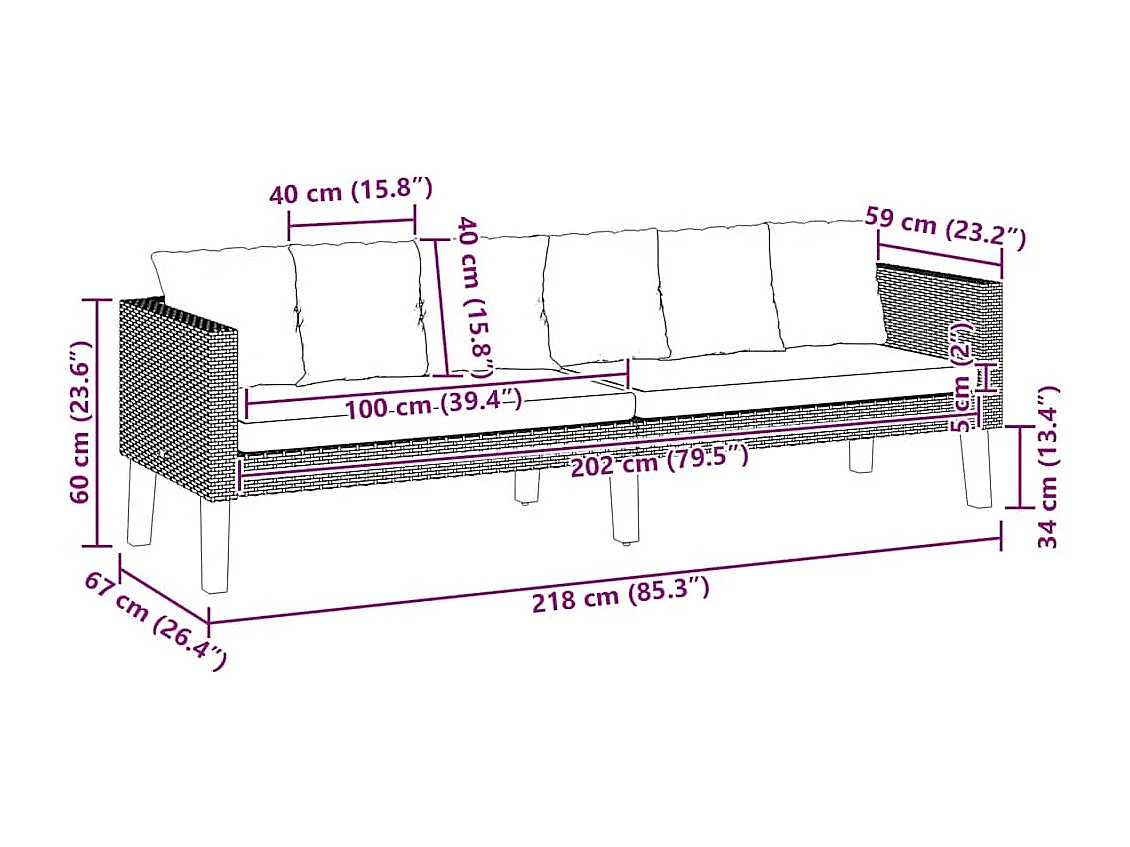 3-Sitzer-Gartensofa mit Auflagen Poly Rattan Schwarz