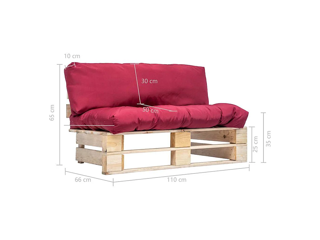 Canapé de jardin palette avec coussins rouge Pinède