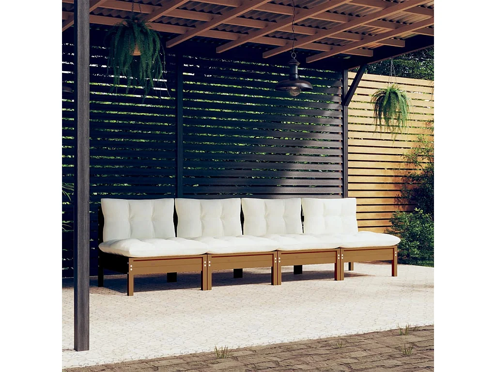 Canapé 4 places de jardin et coussins crème Bois de pin solide