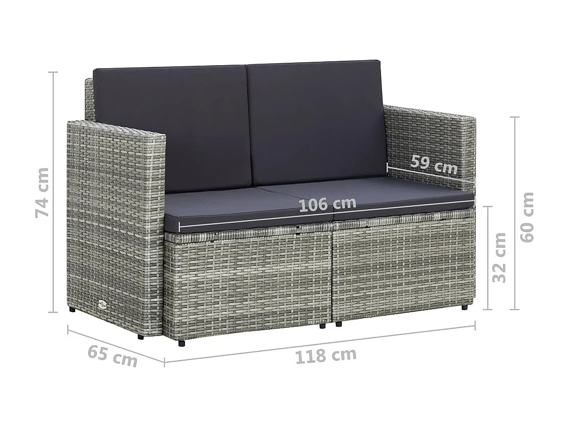 2-Sitzer-Gartensofa mit Auflagen Grau Poly Rattan