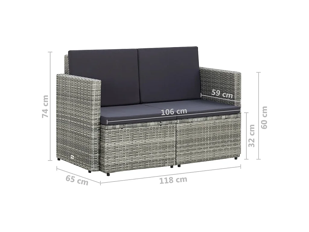 Divano da Giardino a 2 Posti con Cuscini Grigio in Polyrattan
