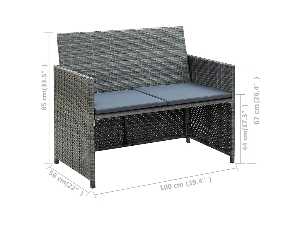 Divano da Giardino a 2 Posti con Cuscini Grigio in Polyrattan