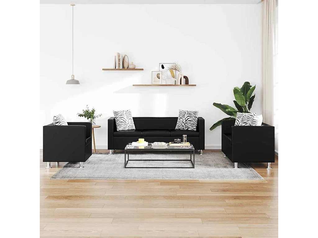 Conjunto sofás de 2 e 3 lugares + poltrona couro artific. preto