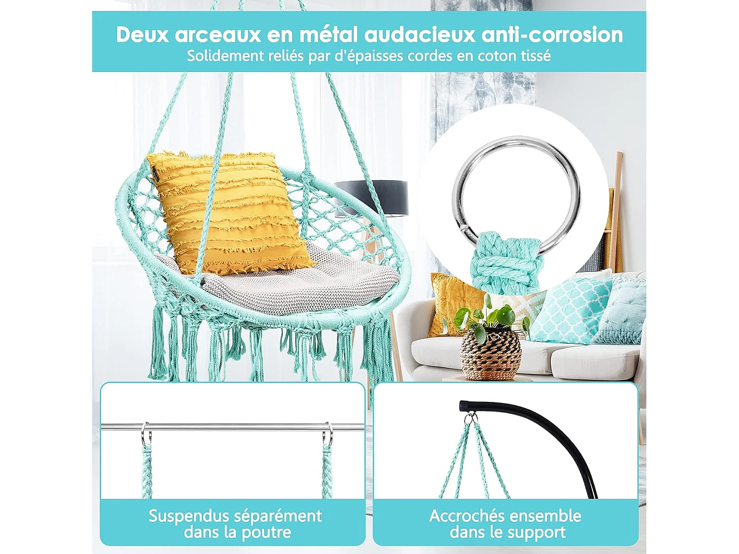 Hamac Suspendue, Fauteuil Relax. Chaise de Jardin1 Place Capacité 150KG en Coton avec des Franges Romantiques pour Balcon