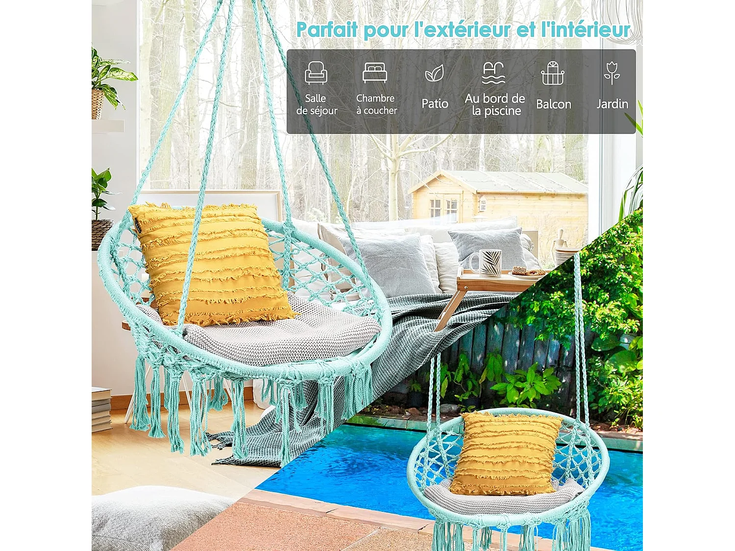 Hamac Suspendue, Fauteuil Relax. Chaise de Jardin1 Place Capacité 150KG en Coton avec des Franges Romantiques pour Balcon