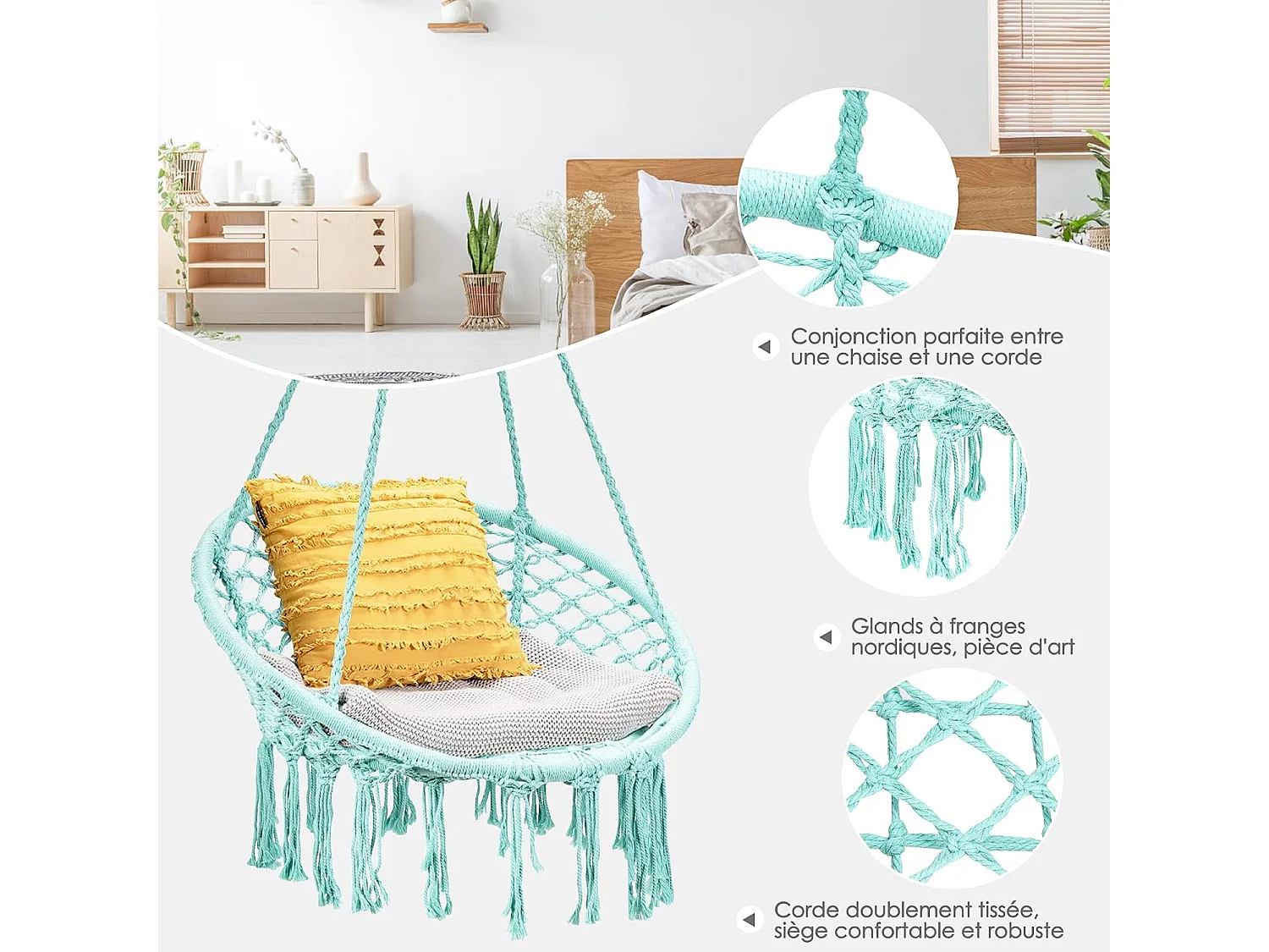 Hamac Suspendue, Fauteuil Relax. Chaise de Jardin1 Place Capacité 150KG en Coton avec des Franges Romantiques pour Balcon