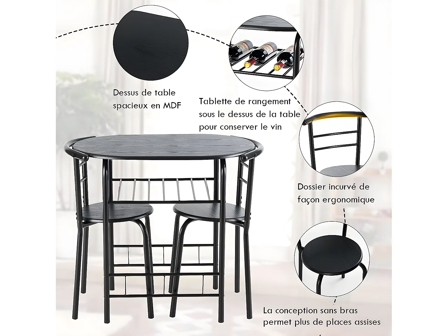 Ensemble de table et 2 chaises pour salle à manger dimension de la table : 80 x 53 x75cm