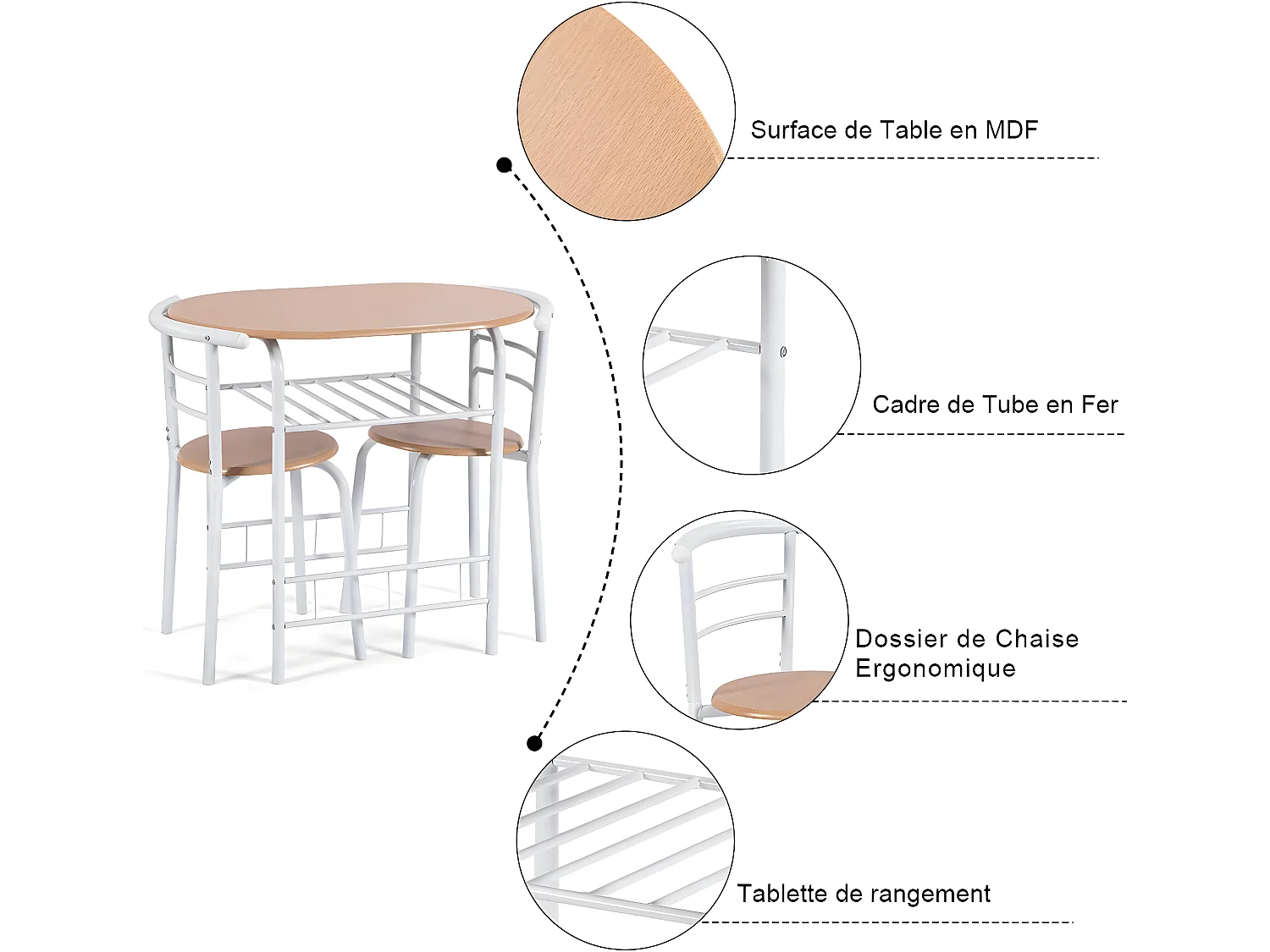Table de cuisine avec 2 chaises pour salle à manger en couleur du bois dimension de la table:80x5 x74 cm