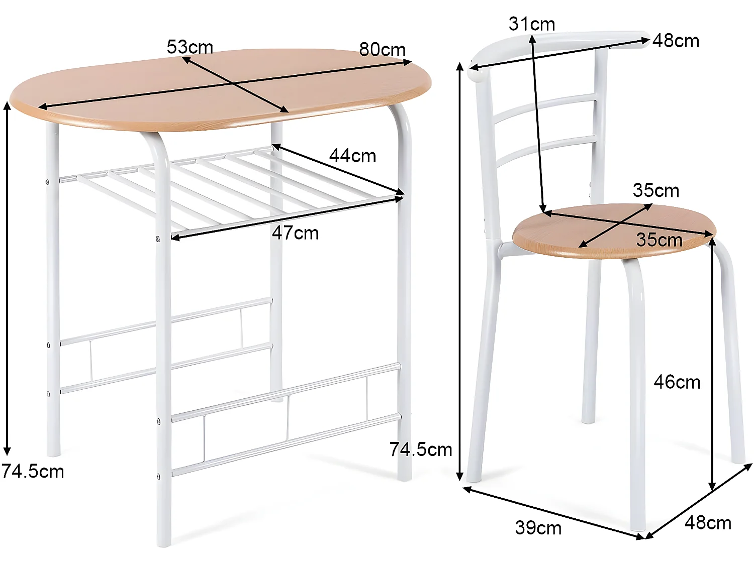 Table de cuisine avec 2 chaises pour salle à manger en couleur du bois dimension de la table:80x5 x74 cm