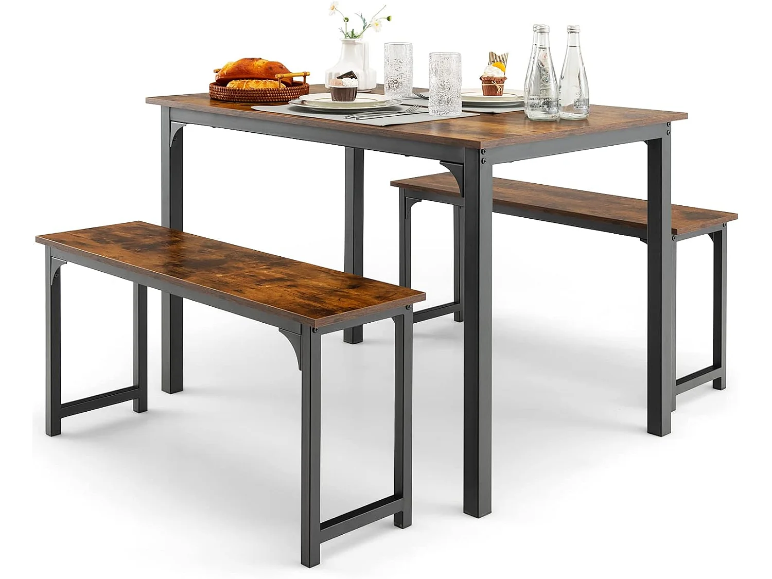 Ensemble Table et 2 Bancs Salle à Manger Industrielle, 4-6 Personnes, Table L 110 x l 70 x H 75 cm