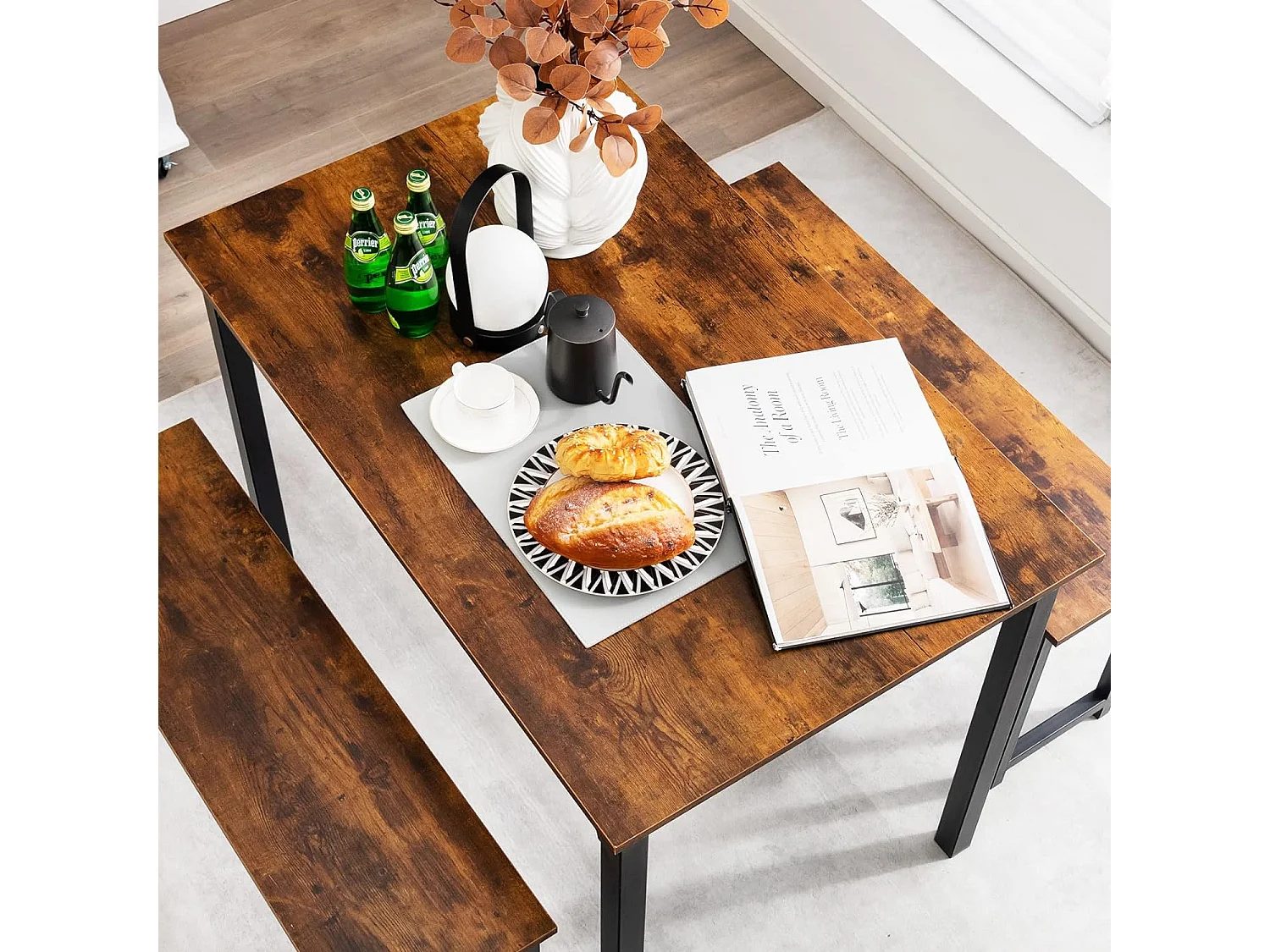 Ensemble Table et 2 Bancs Salle à Manger Industrielle, 4-6 Personnes, Table L 110 x l 70 x H 75 cm