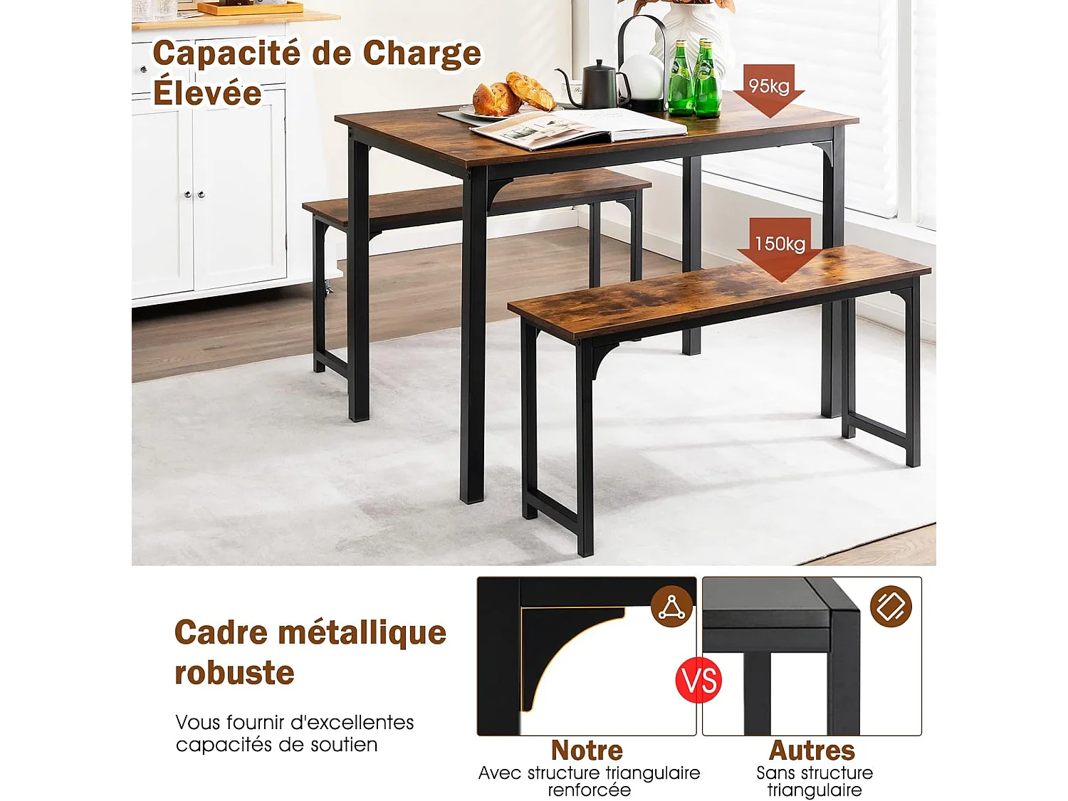 Ensemble Table et 2 Bancs Salle à Manger Industrielle, 4-6 Personnes, Table L 110 x l 70 x H 75 cm