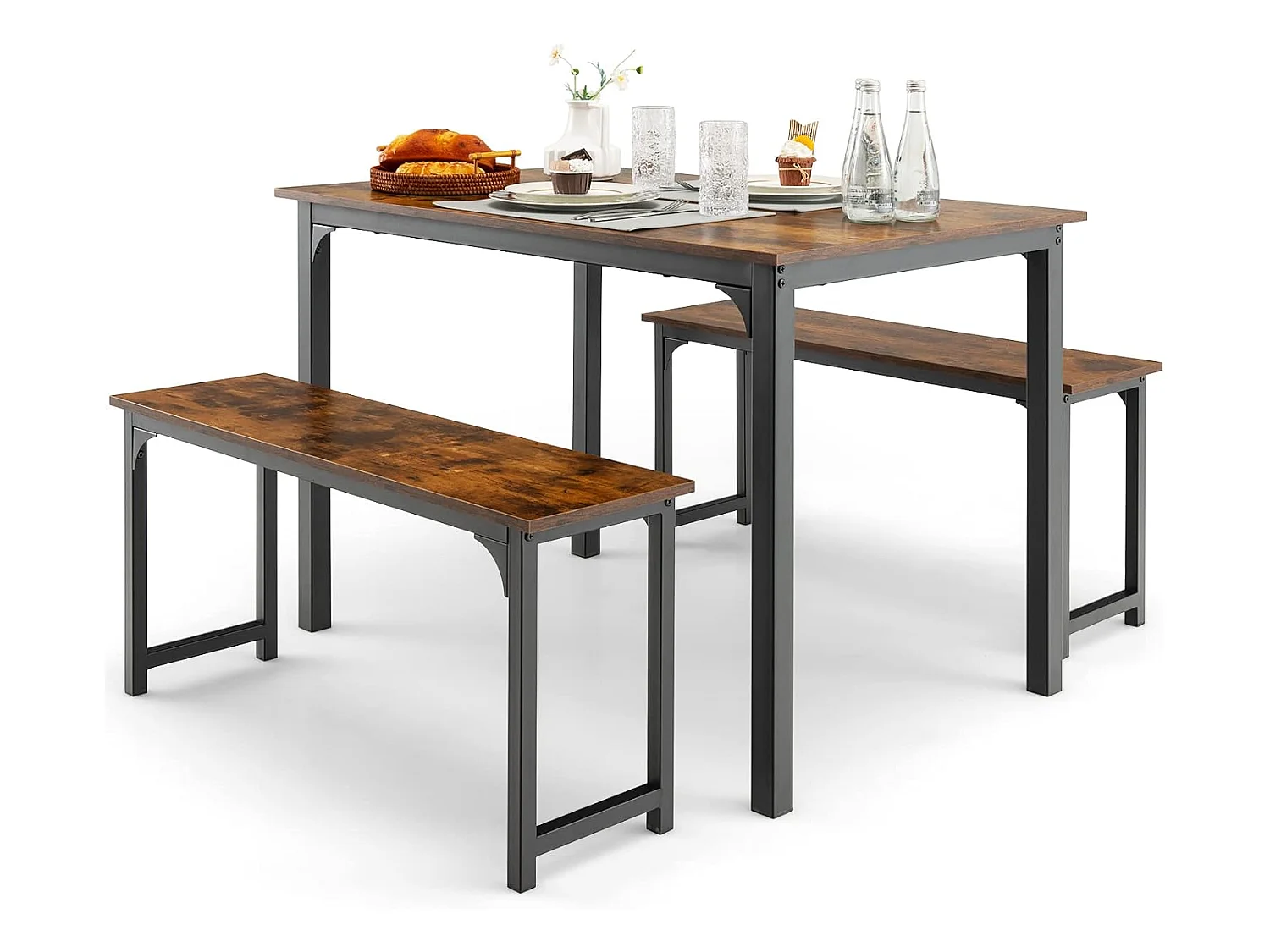 Ensemble Table et 2 Bancs Salle à Manger Industrielle, 4-6 Personnes, Table L 110 x l 70 x H 75 cm