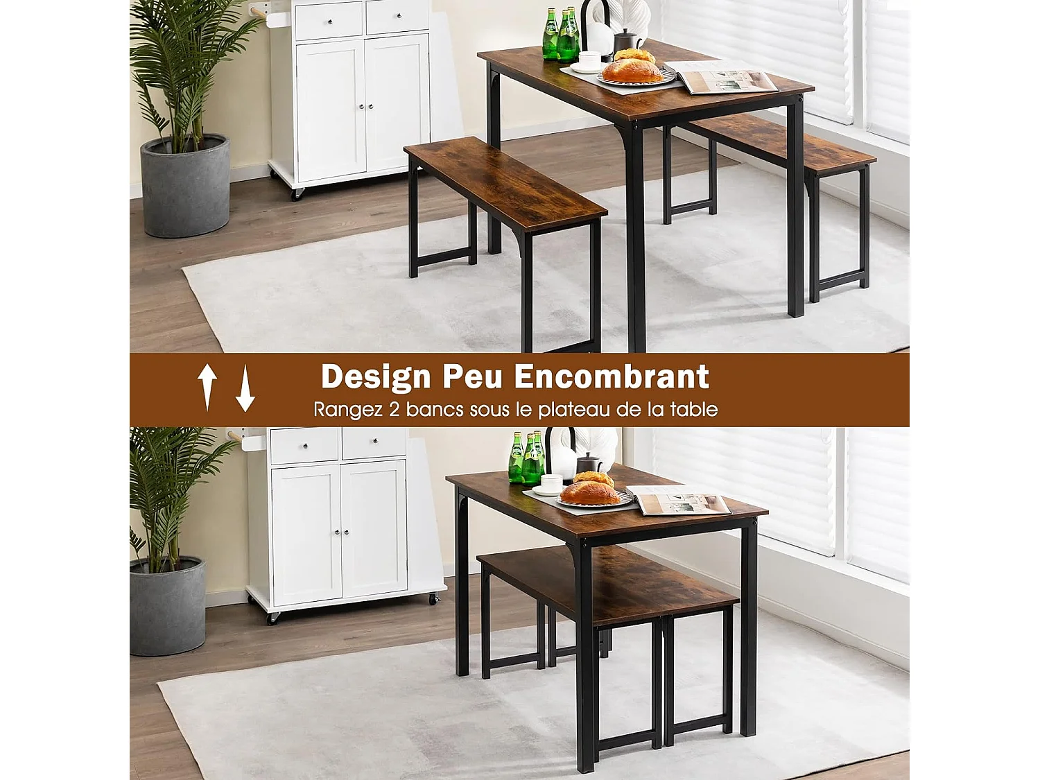 Ensemble Table et 2 Bancs Salle à Manger Industrielle, 4-6 Personnes, Table L 110 x l 70 x H 75 cm