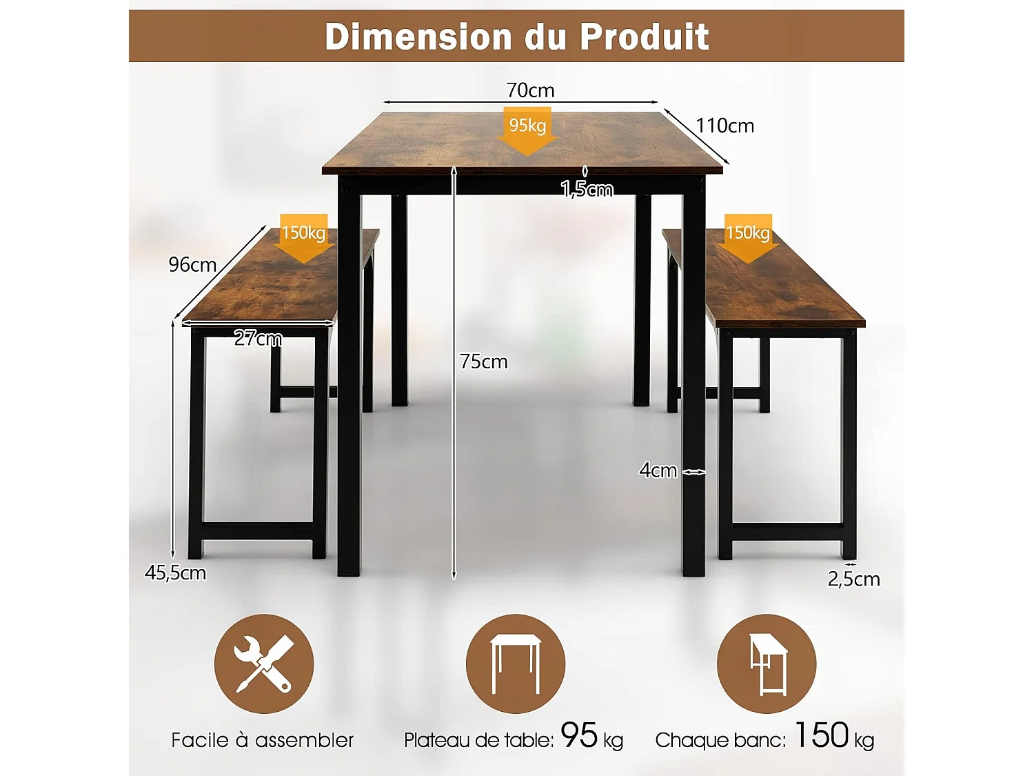 Ensemble Table et 2 Bancs Salle à Manger Industrielle, 4-6 Personnes, Table L 110 x l 70 x H 75 cm