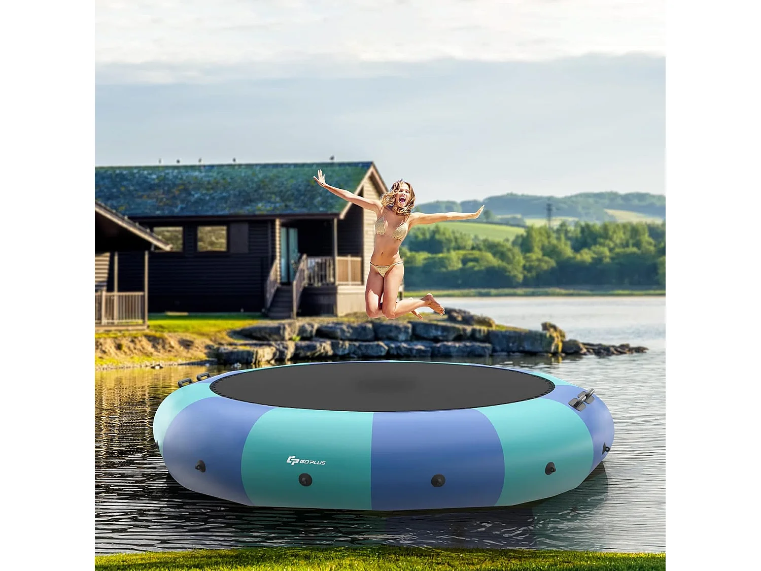 Trampoline Aquatique Gonflable Enfant Dia.457cm avec Gonfleur Electrique 500w Echelle Kit de Réparation Capacité150kg bleu