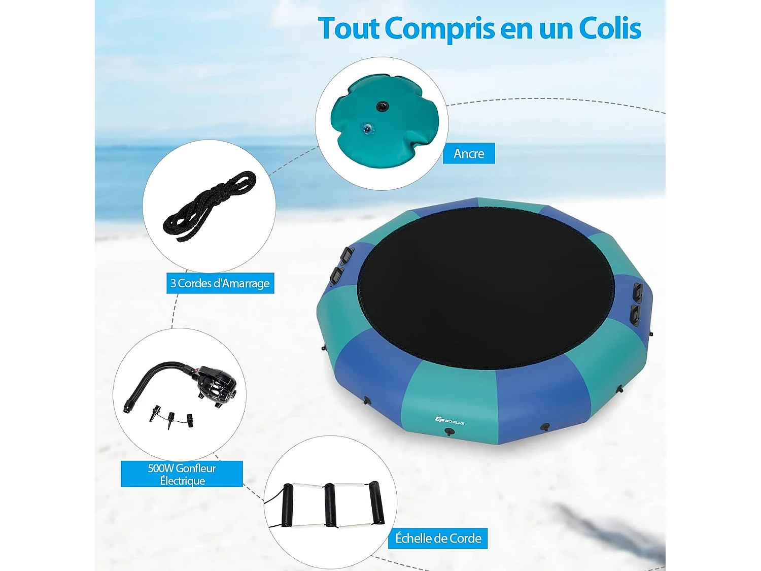 Trampoline Aquatique Gonflable Enfant Dia.457cm avec Gonfleur Electrique 500w Echelle Kit de Réparation Capacité150kg bleu
