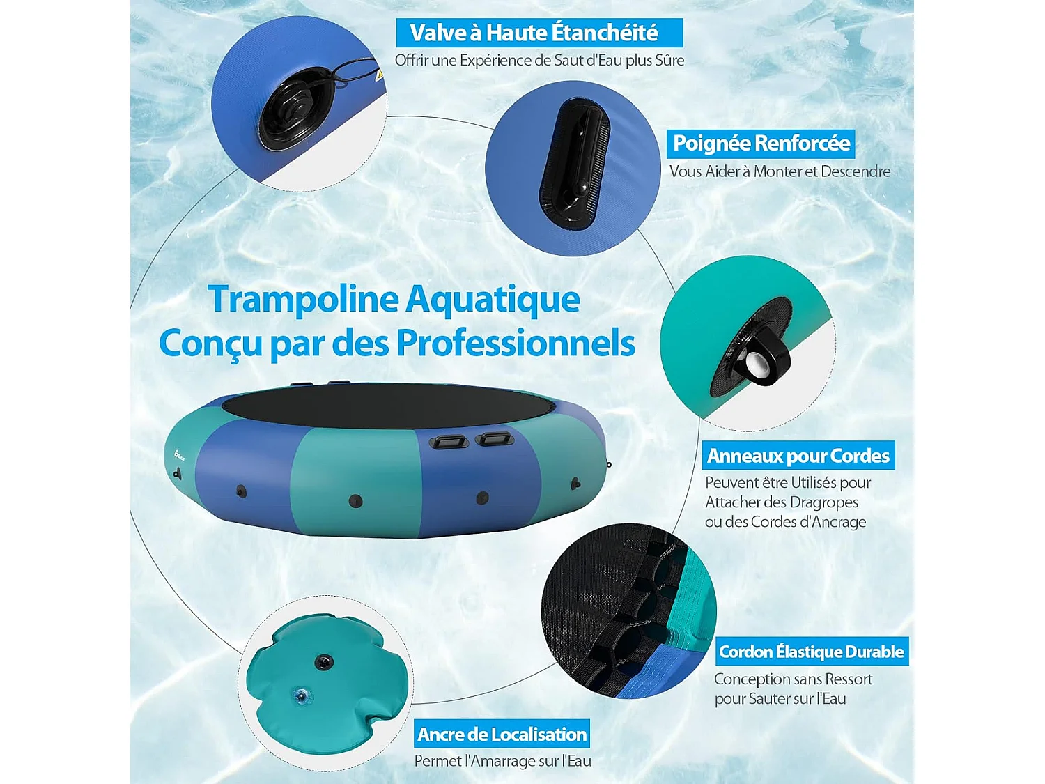 Trampoline Aquatique Gonflable Enfant Dia.457cm avec Gonfleur Electrique 500w Echelle Kit de Réparation Capacité150kg bleu