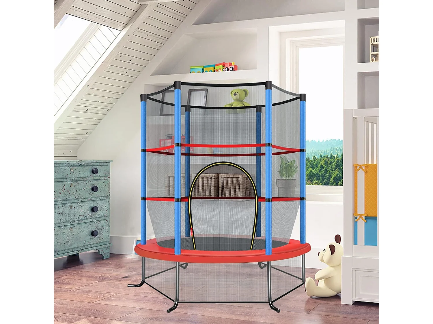 Trampoline Extérieur Enfants Ø165 CM avec Filet de Sécurité, Trampoline Enfants avec Cadre en Acier & 6 Poteaux Recouvert de Mousse, Charge Max 135kg, Bleu