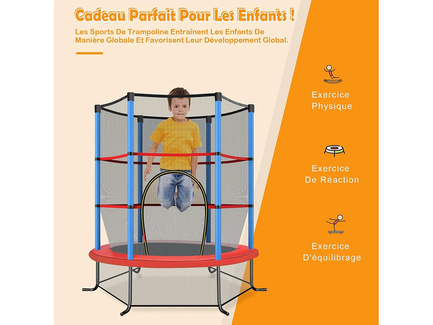 Trampoline Extérieur Enfants Ø165 CM avec Filet de Sécurité, Trampoline Enfants avec Cadre en Acier & 6 Poteaux Recouvert de Mousse, Charge Max 135kg, Bleu