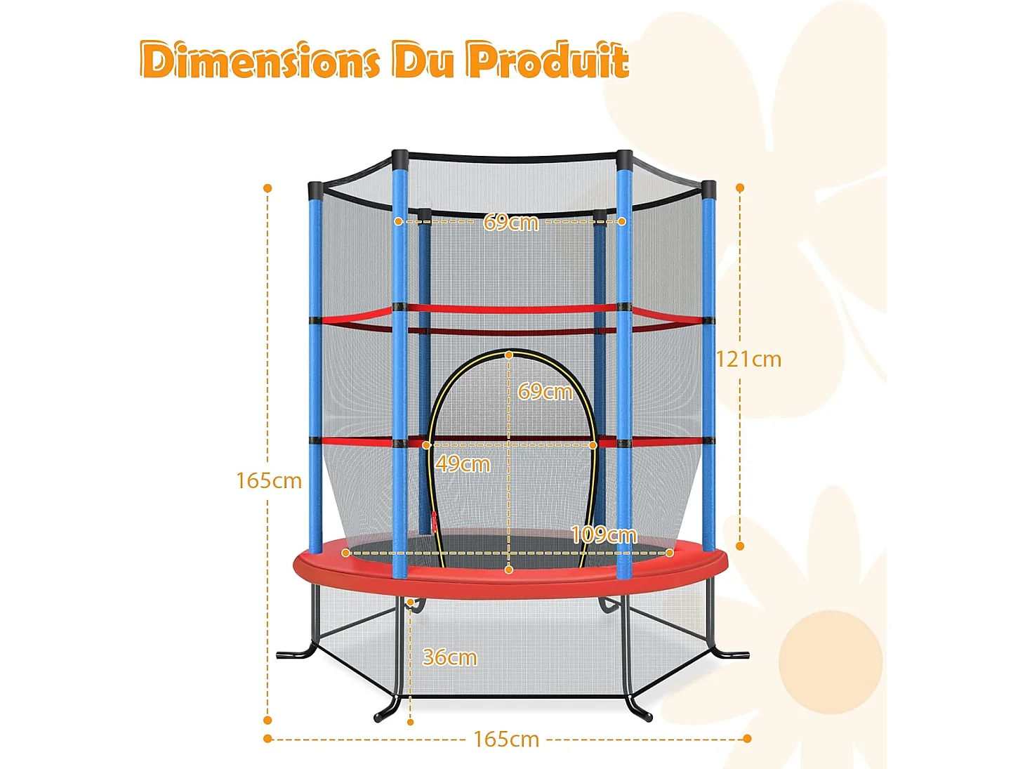 Trampoline Extérieur Enfants Ø165 CM avec Filet de Sécurité, Trampoline Enfants avec Cadre en Acier & 6 Poteaux Recouvert de Mousse, Charge Max 135kg, Bleu