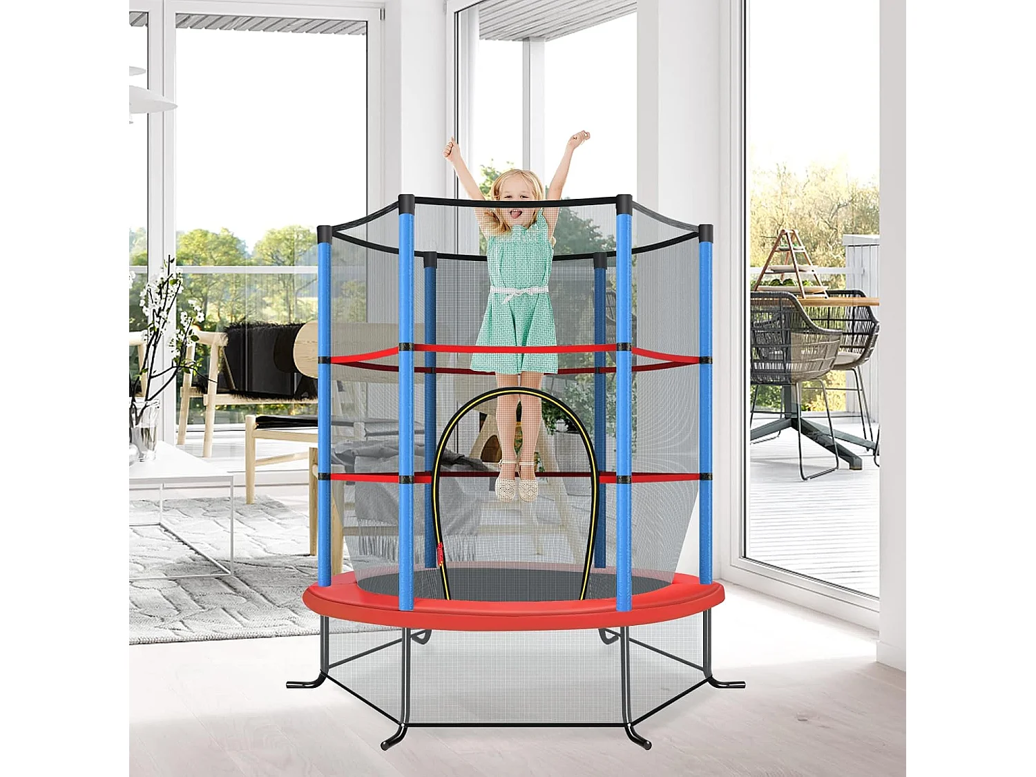Trampoline Extérieur Enfants Ø165 CM avec Filet de Sécurité, Trampoline Enfants avec Cadre en Acier & 6 Poteaux Recouvert de Mousse, Charge Max 135kg, Bleu