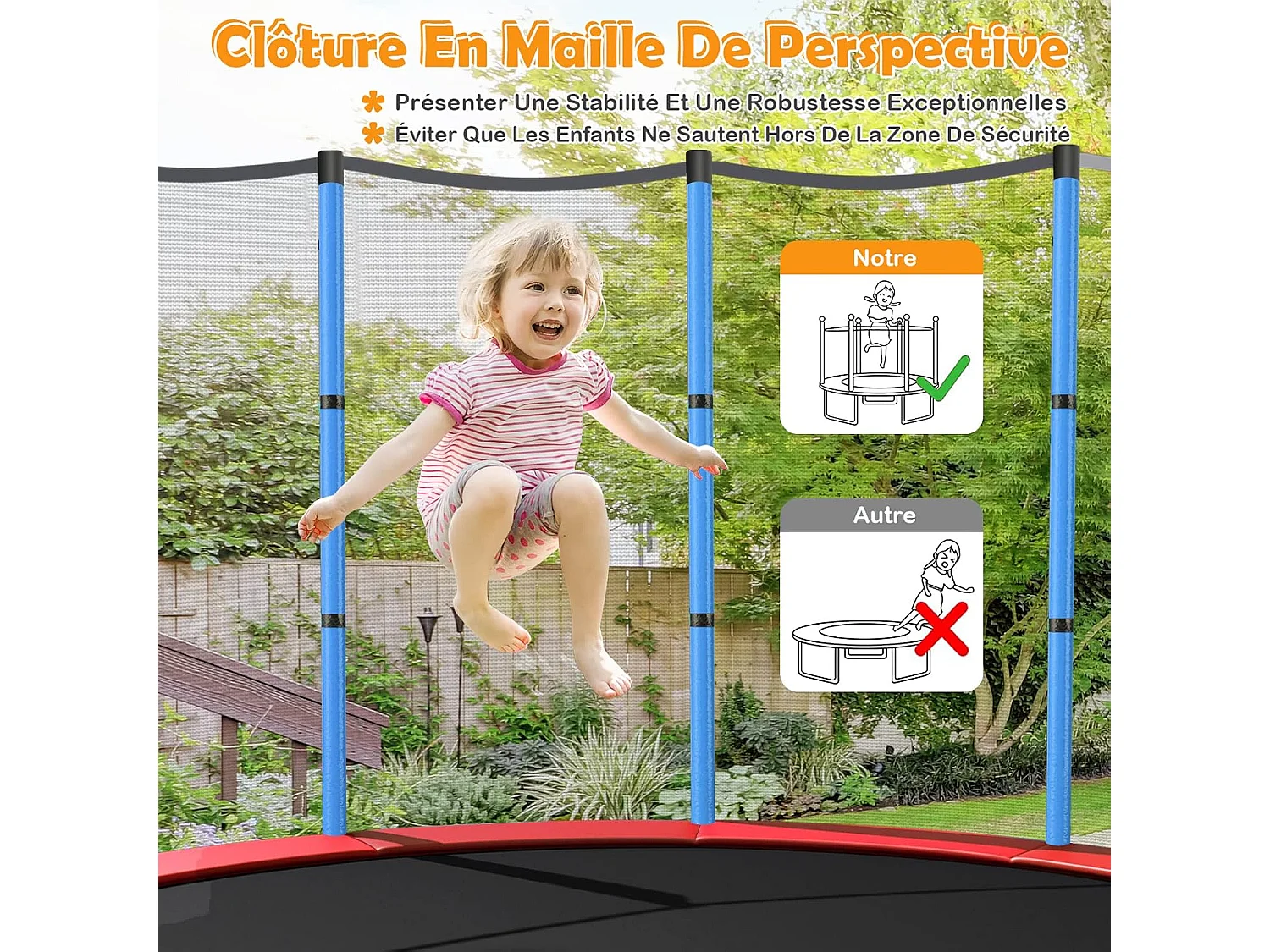 Trampoline Extérieur Enfants Ø165 CM avec Filet de Sécurité, Trampoline Enfants avec Cadre en Acier & 6 Poteaux Recouvert de Mousse, Charge Max 135kg, Bleu
